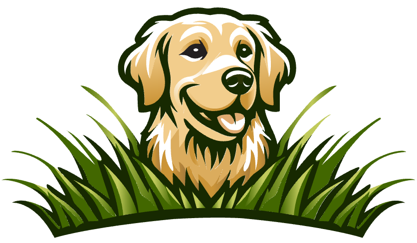 Golden Lawn Care logo, a golden retriever in the grass