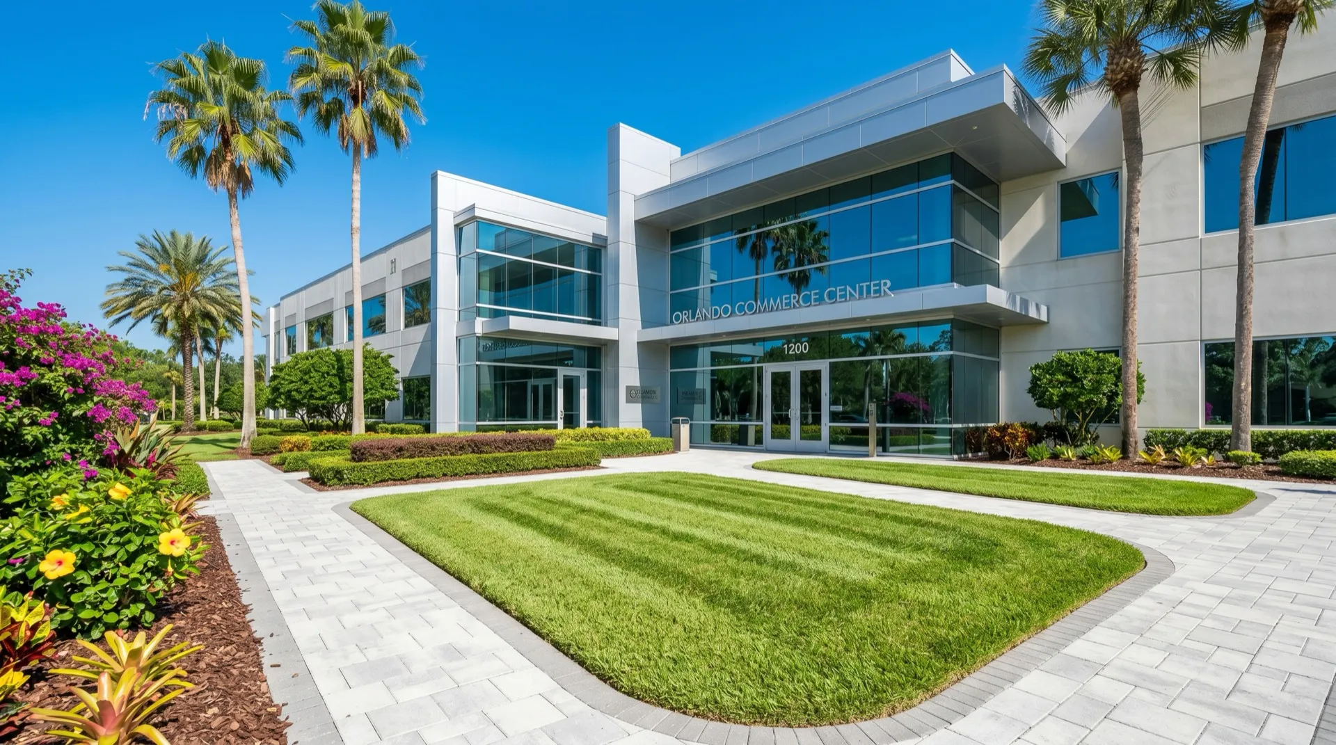 Freshly striped lawn beside a paved walkway