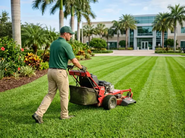 Lawn being mowed with a walk-behind mower along a sidewalk
