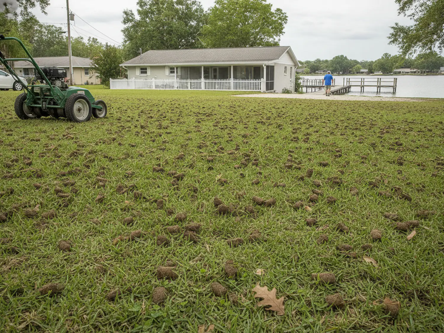 Soil plugs on a lawn after core aeration, with the aerator nearby