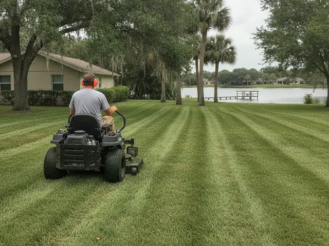 A worker on a zero-turn mower striping a lawn beside a lake