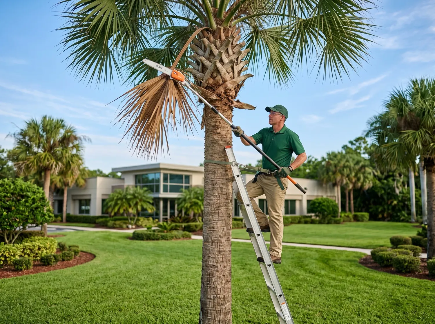 Palm tree being trimmed from a ladder